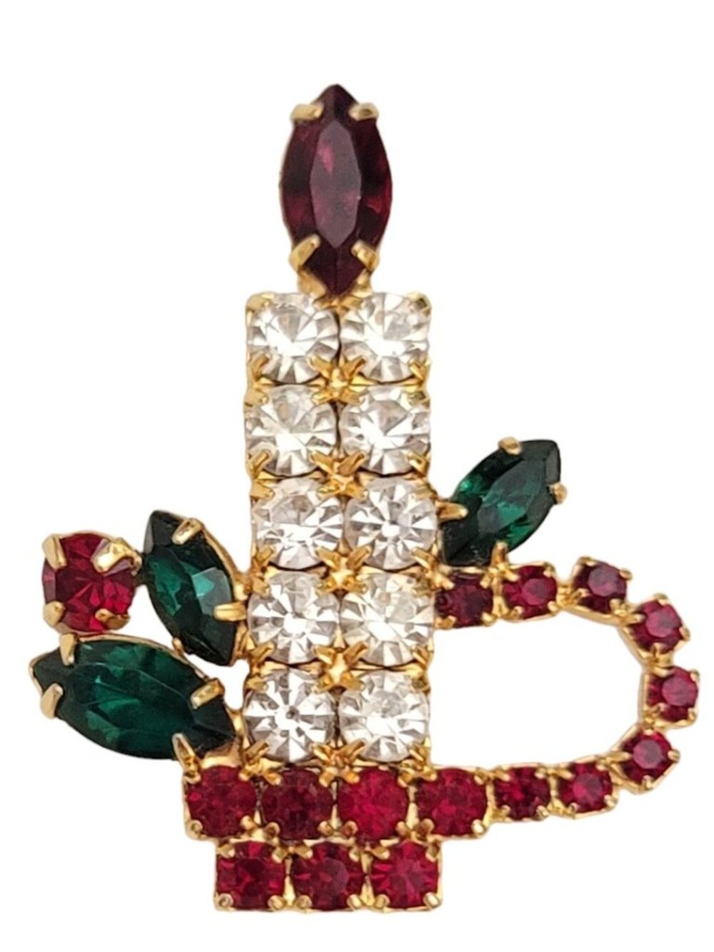 Prong Set Christmas Red Clear Green Rhinestone Candle Pin E153